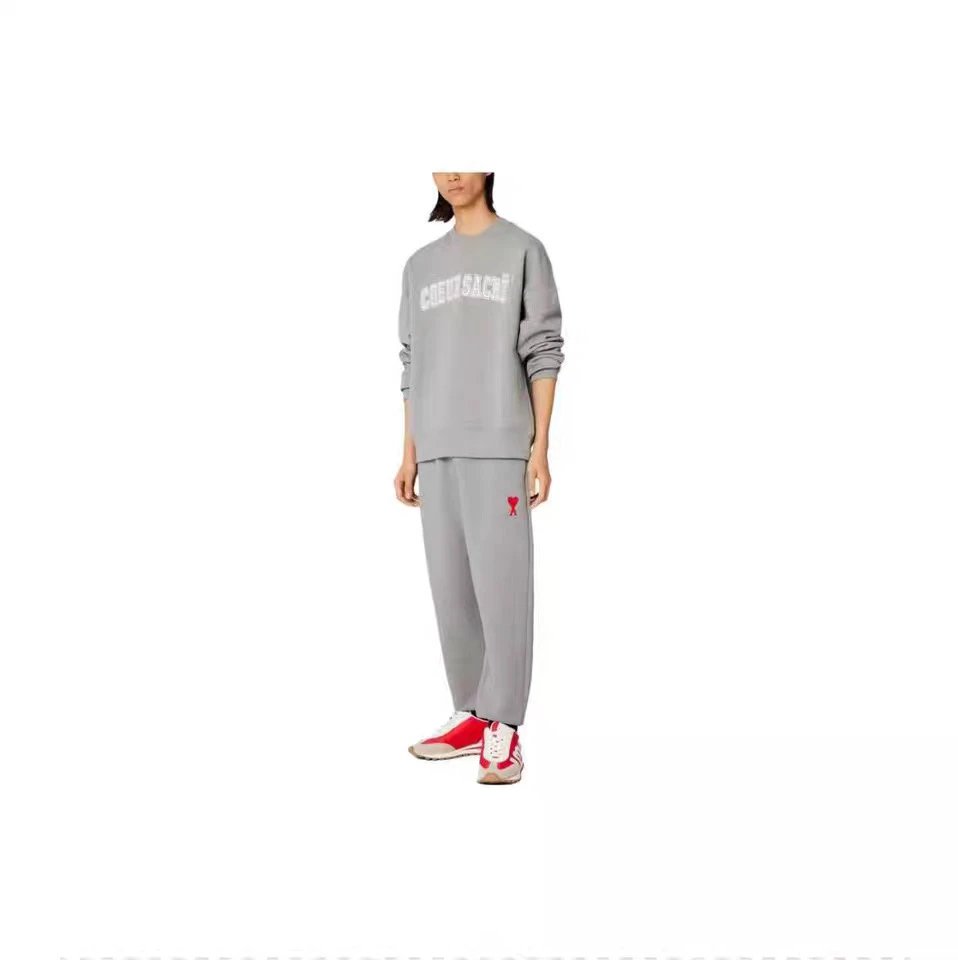 Ami Paris Grey Heart Embroidery Zip-Up Hoodie