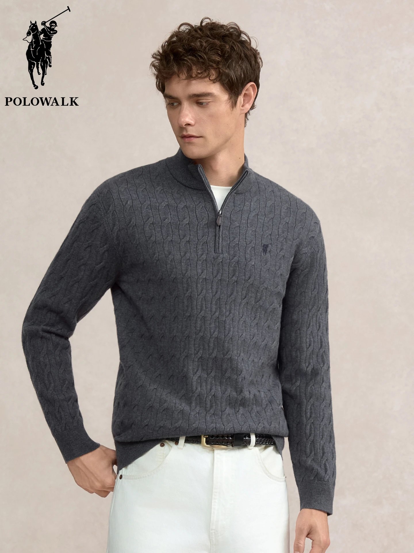 PoloWalk Cable Knit Gray Half-Zip Sweater