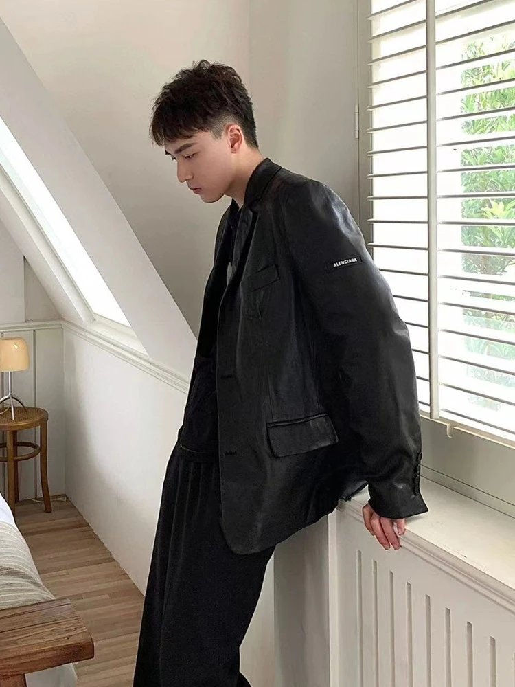 Faux Leather Blazer Gray Slim Fit Jacket