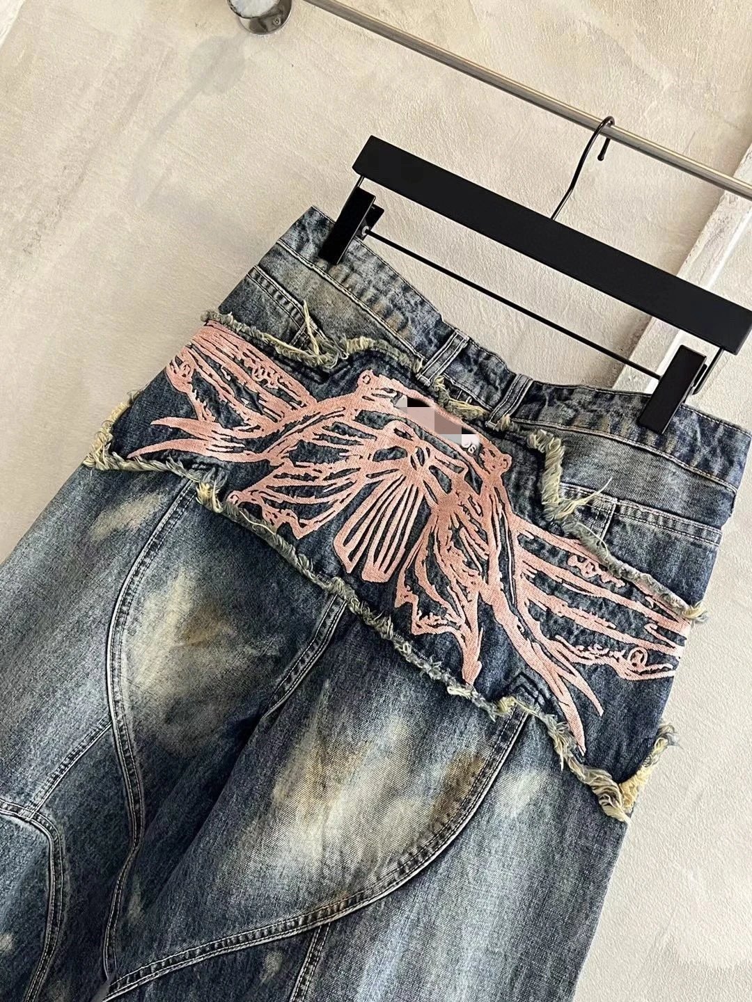 Distressed Denim Wide-Leg Blue Patchwork Jeans