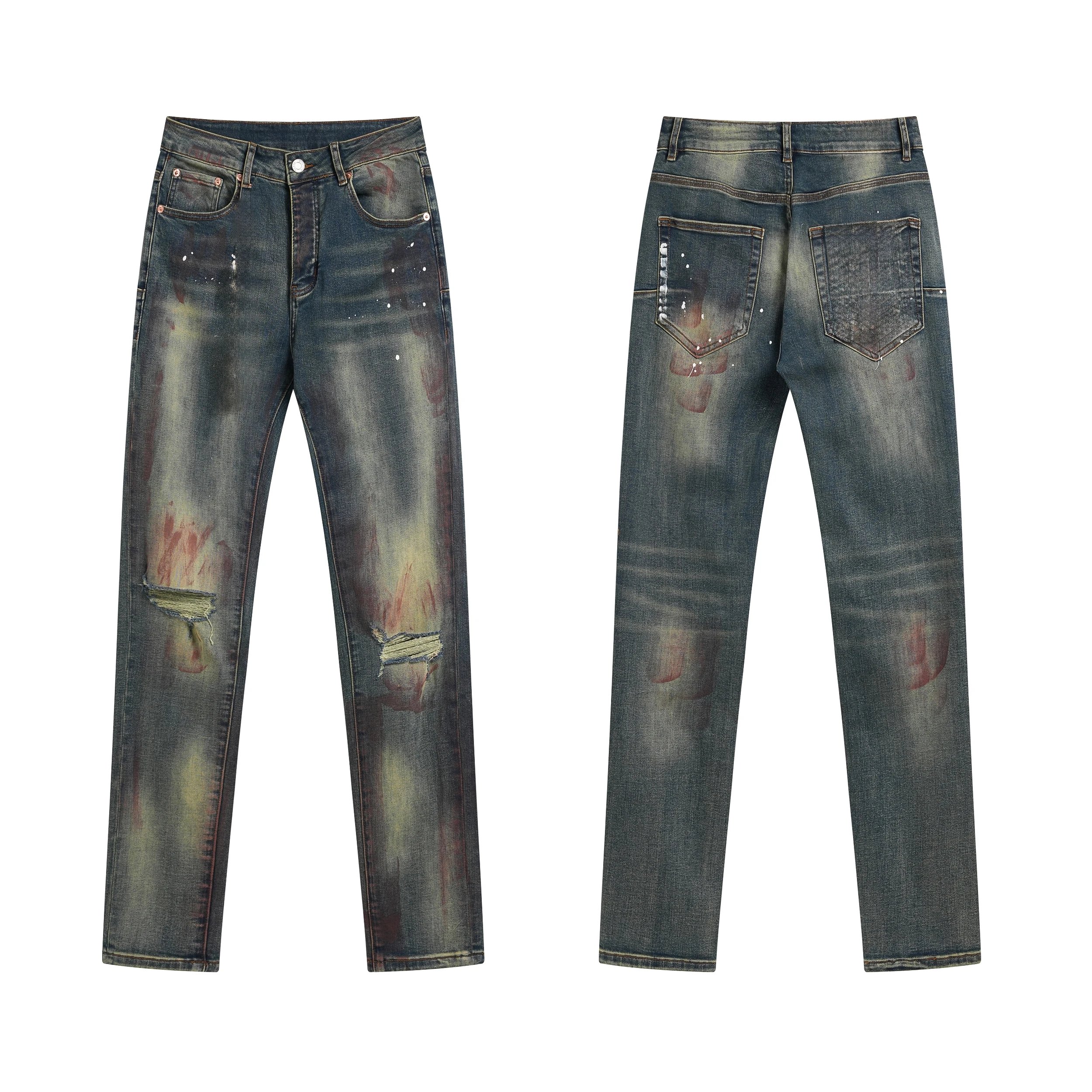 Purple Jeans Ink-Splashed American Street Style Ripped Elastic Slim-Fit Flared Skinny Trousers photo 2