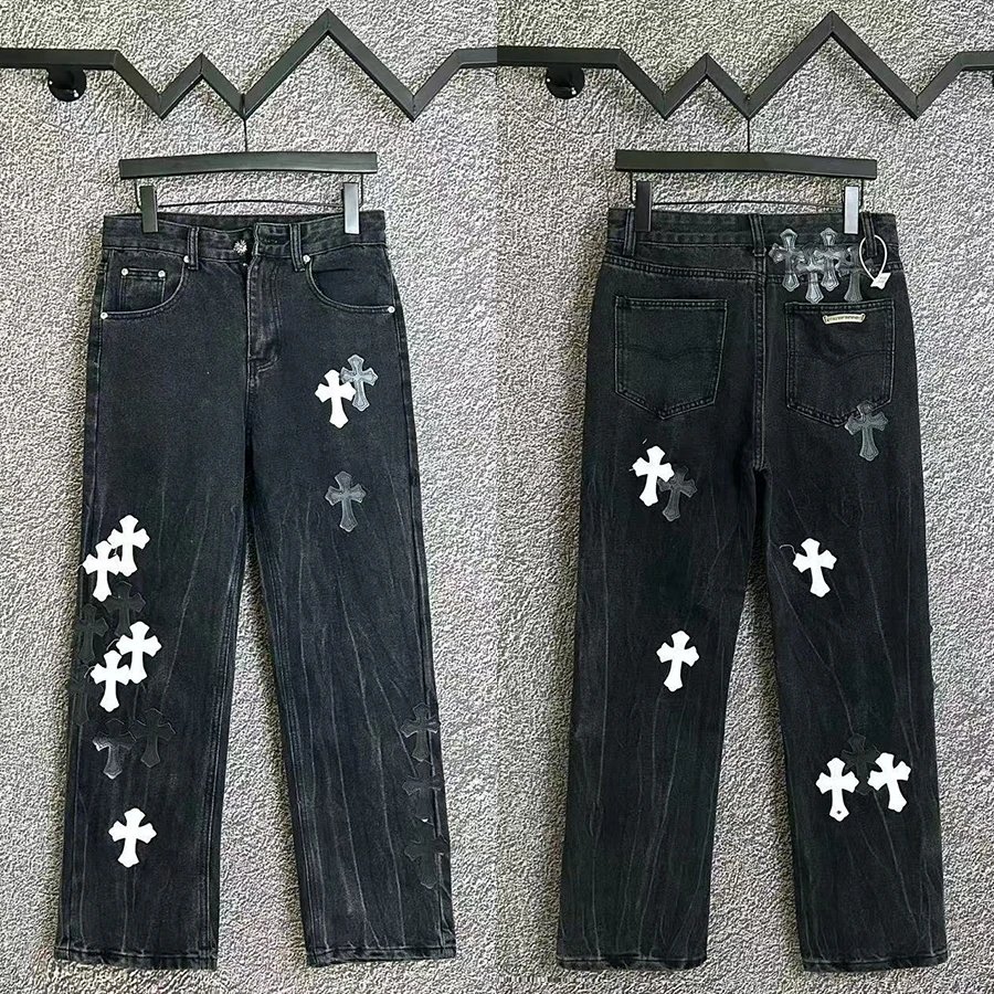 Cross-Embellished Denim Jeans Assorted Colors Distressed Style