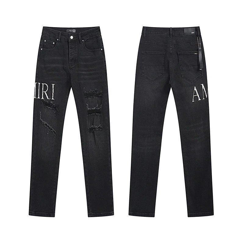 Amiri Jeans Black Light Blue Distressed Embroidered Graphic Denim