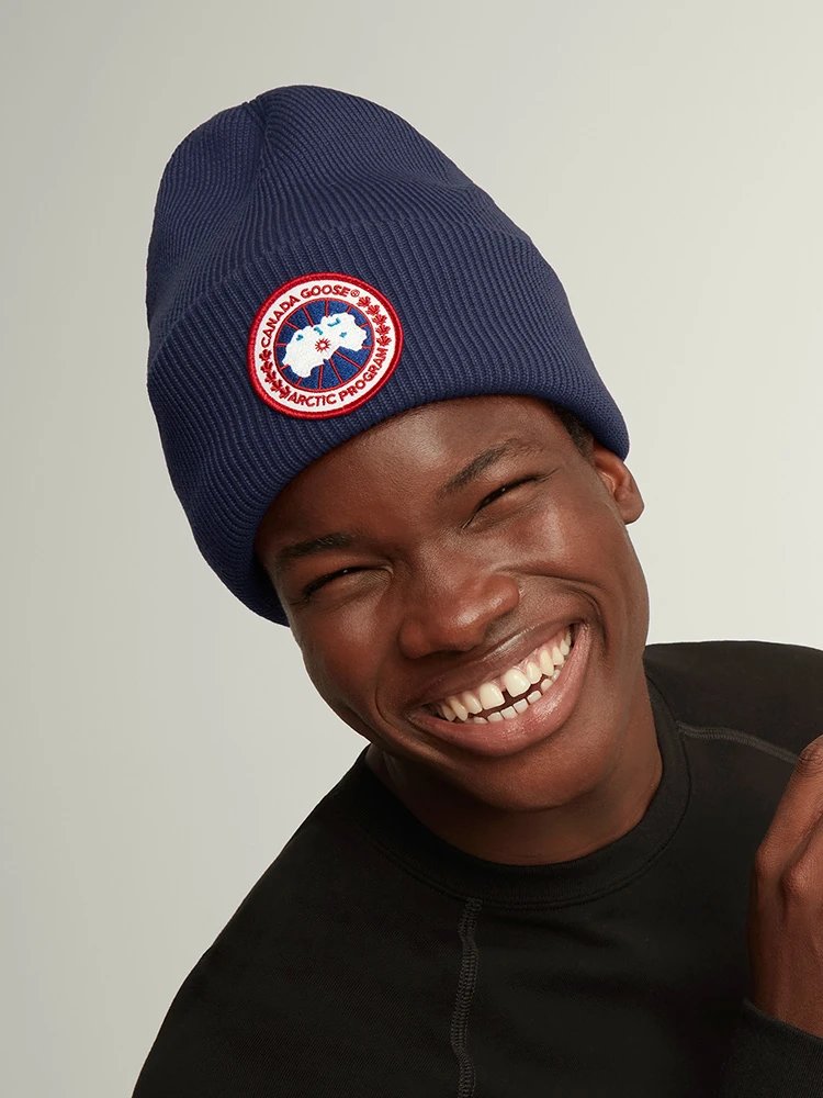 Canada Goose Logo Navy Blue Ribbed Knit Beanie