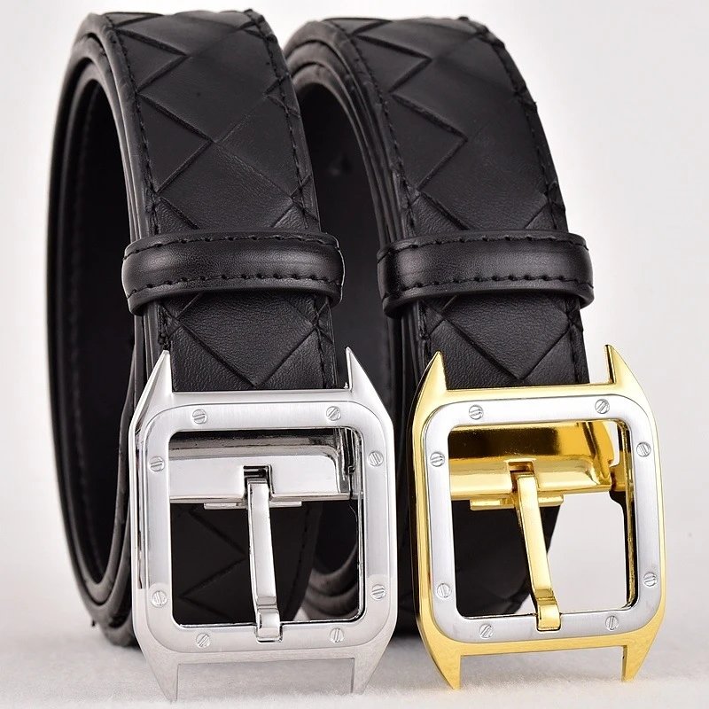 Black Woven Leather Belt Silver Square Buckle Classic Style