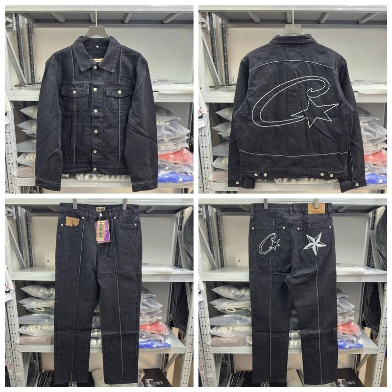Denim Jacket and Jeans Set Light Gray Embroidered Star Western Style