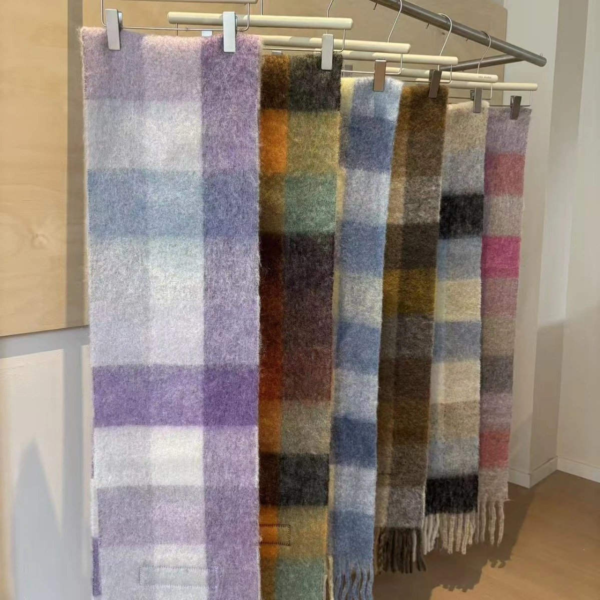 Oversized Plaid Wool Blend Green Beige Fringed Scarf
