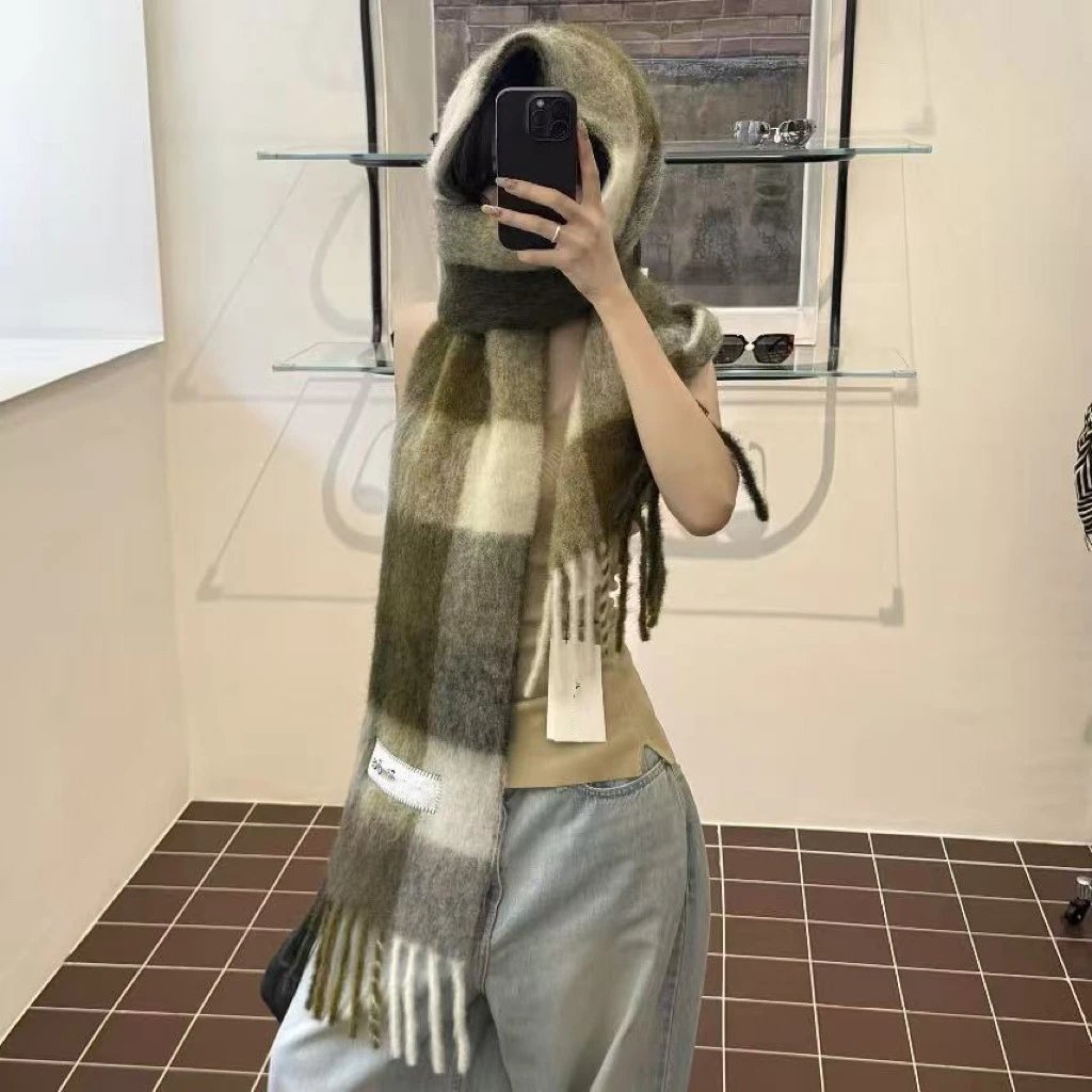 Oversized Plaid Wool Blend Green Beige Fringed Scarf