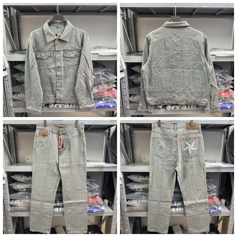 Denim Jacket and Jeans Set Blue Black White Distressed Embroidered Star