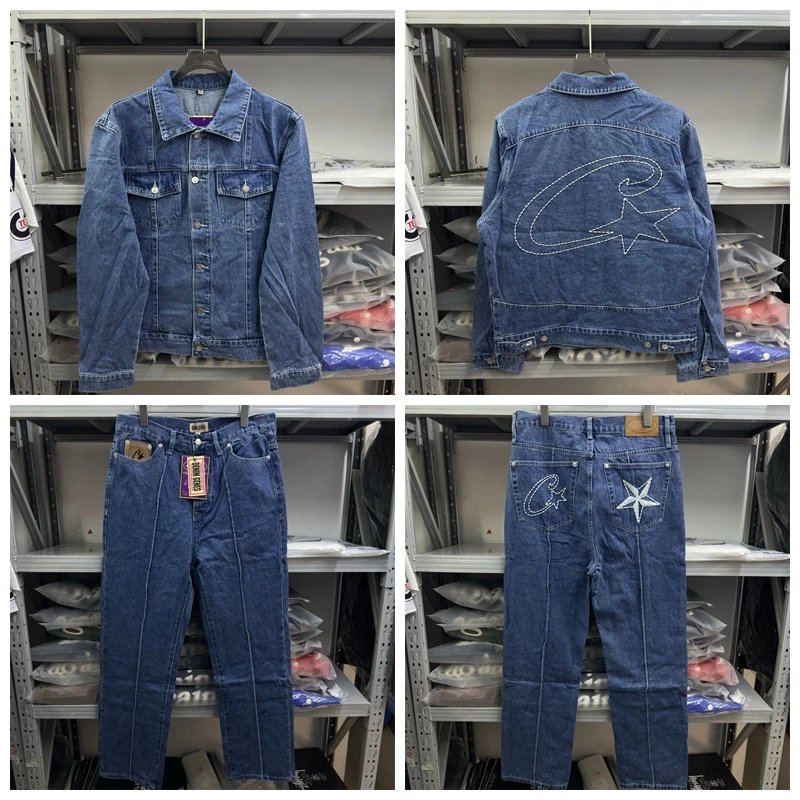 Denim Jacket and Jeans Set Light Gray Embroidered Star Western Style