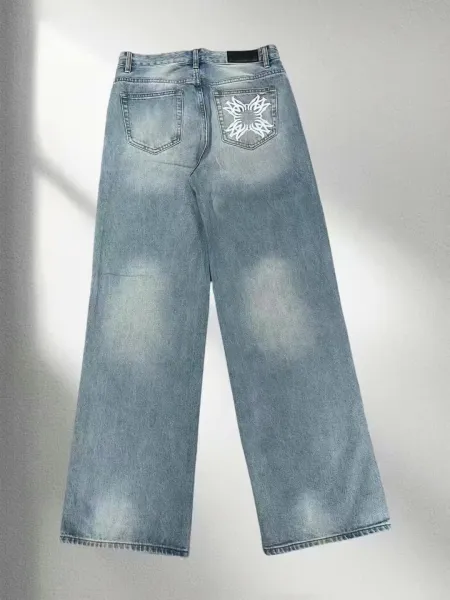 Design Distressed Wide-Leg Jeans with Floral Embroidery Light Blue - 2