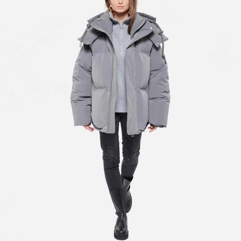 Grey Puffer Jacket With Hood Grey Oversized Sweatpants Streetwear