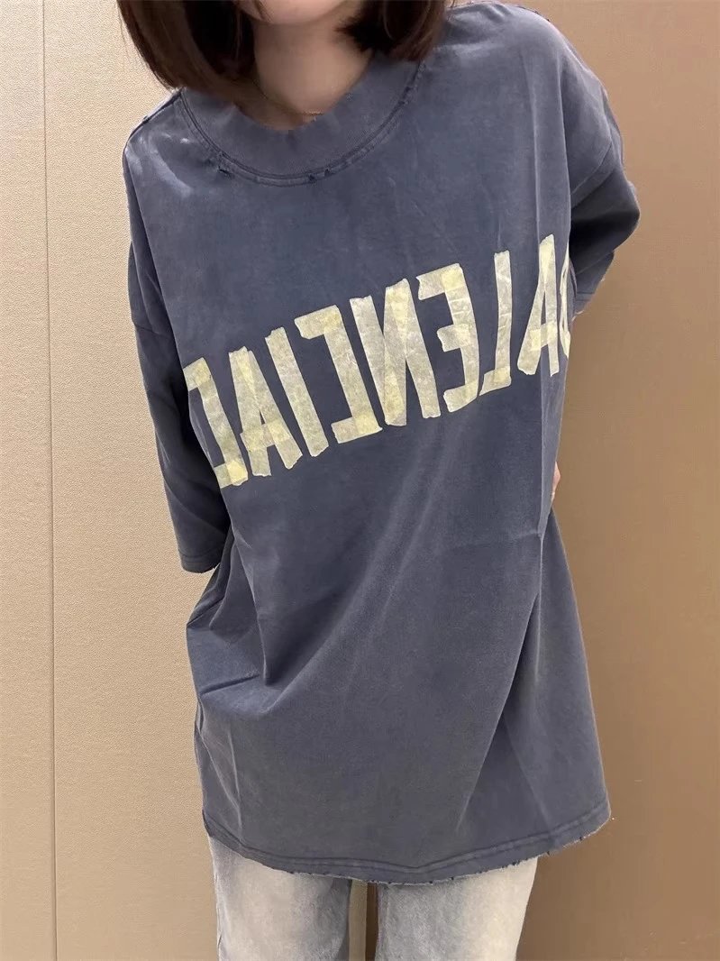 Oversized Graphic Print Grey Washed Cotton T-Shirt