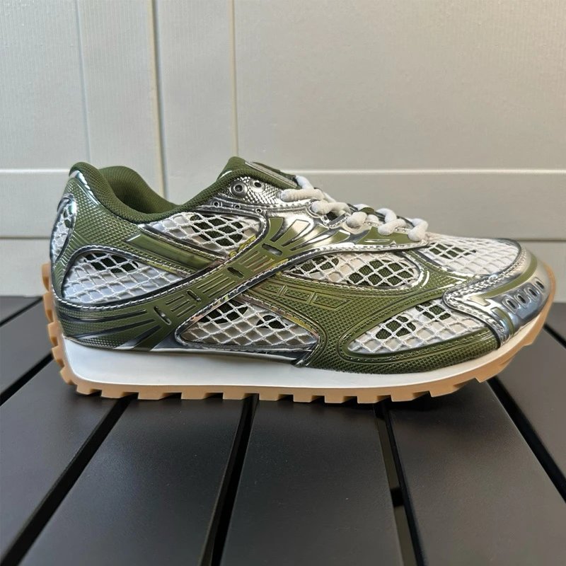 Mesh Upper Chunky Sole Sneakers Navy White Olive Brown Casual