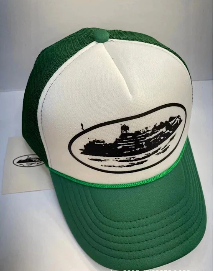 Vintage Mesh Trucker Hat Ship Print Emerald Green - Gallery Image 2 - Detailed View
