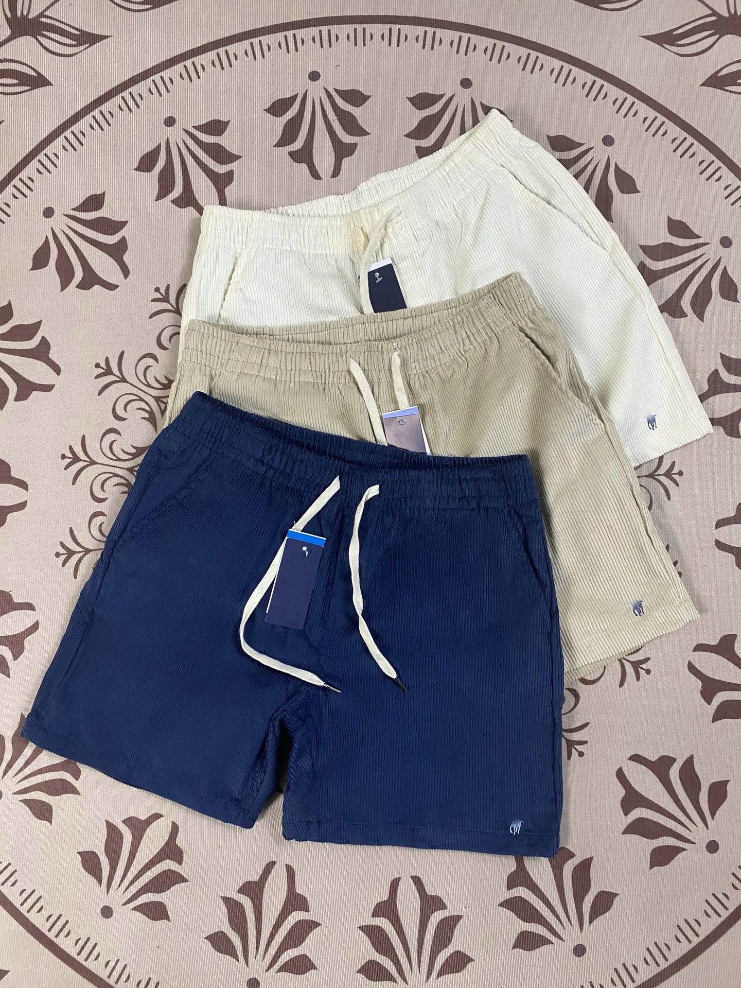 Men's Casual Summer Loose Fit Breathable Corduroy Shorts with Embroidery, Unisex Cotton Cargo Shorts