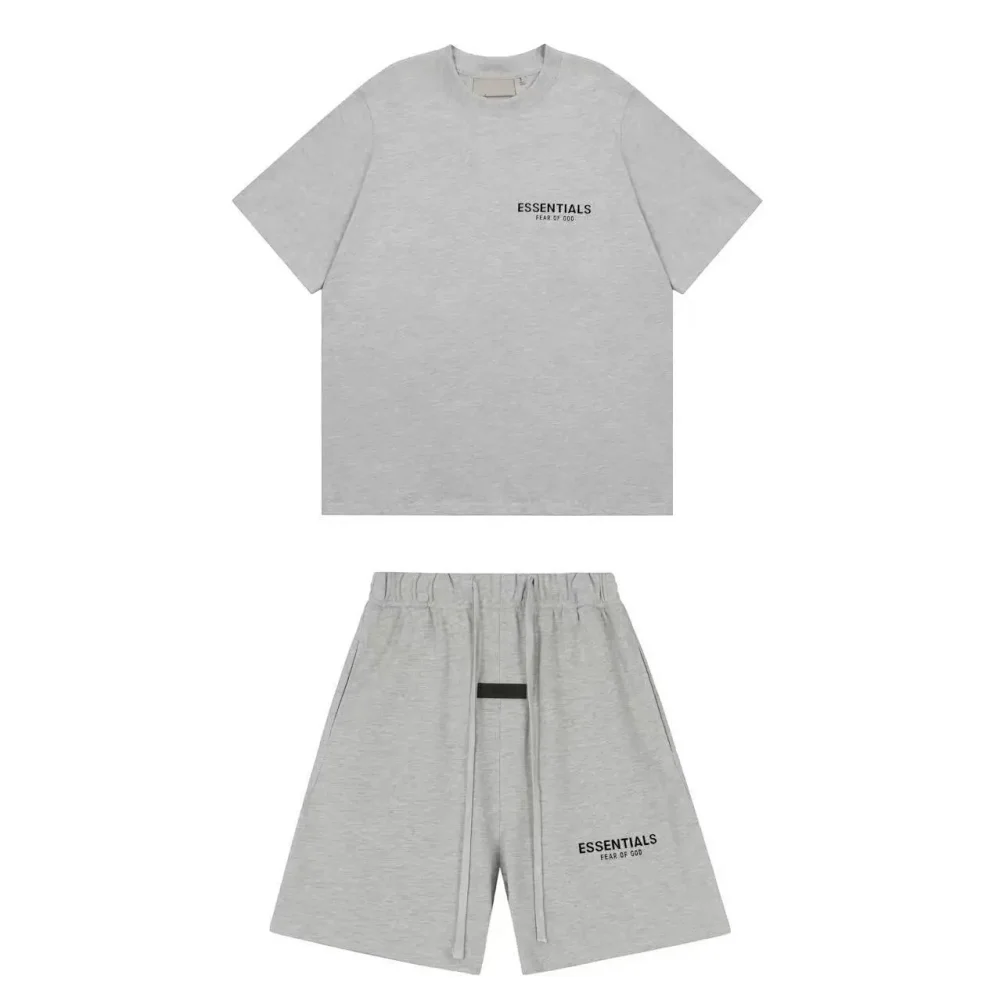 Essentials (Fear of God) — Heather Grey Short-Sleeve Shirt & Shorts Set with Small Chest Logo