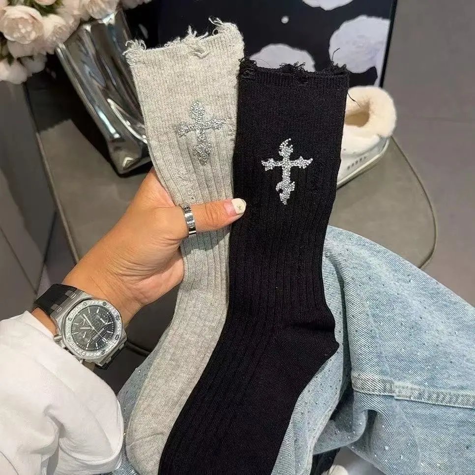 Cross Embroidered Socks in Grey and Black