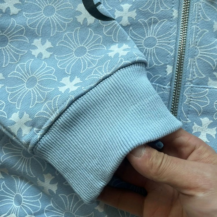 Chrome Hearts Floral Print Zip-Up Hoodie in Black, Light Blue, and Off-White - 10