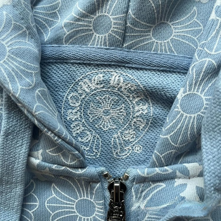 Chrome Hearts Floral Print Zip-Up Hoodie in Black, Light Blue, and Off-White - 8
