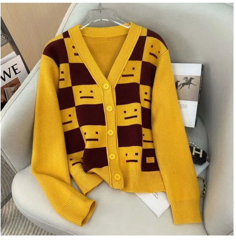 AC笑脸棋盘格针织开衫男女情侣宽松中性毛衣外套潮