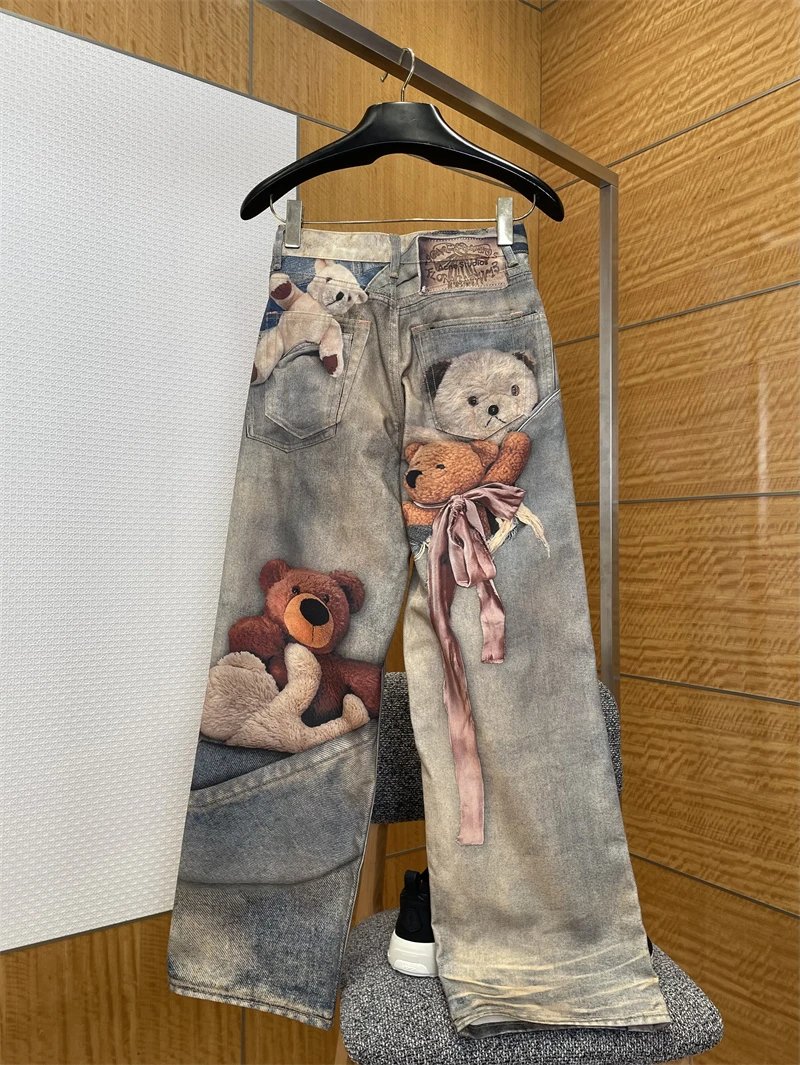 Acne Studios Teddy Bear Print Wide-Leg Jeans Blue - 2
