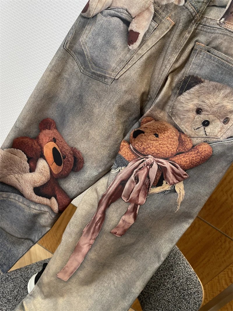 Acne Studios Teddy Bear Print Wide-Leg Jeans Blue - 7