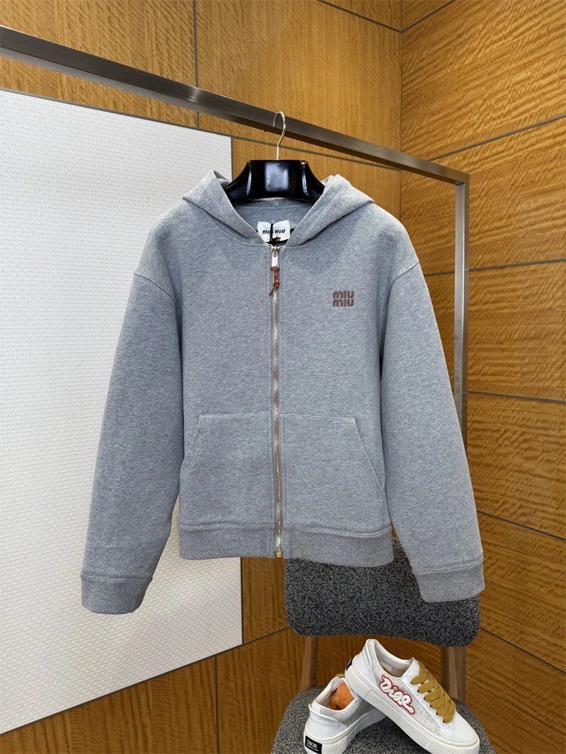 Miu Miu Hoodie Logo Zip-Up Grey