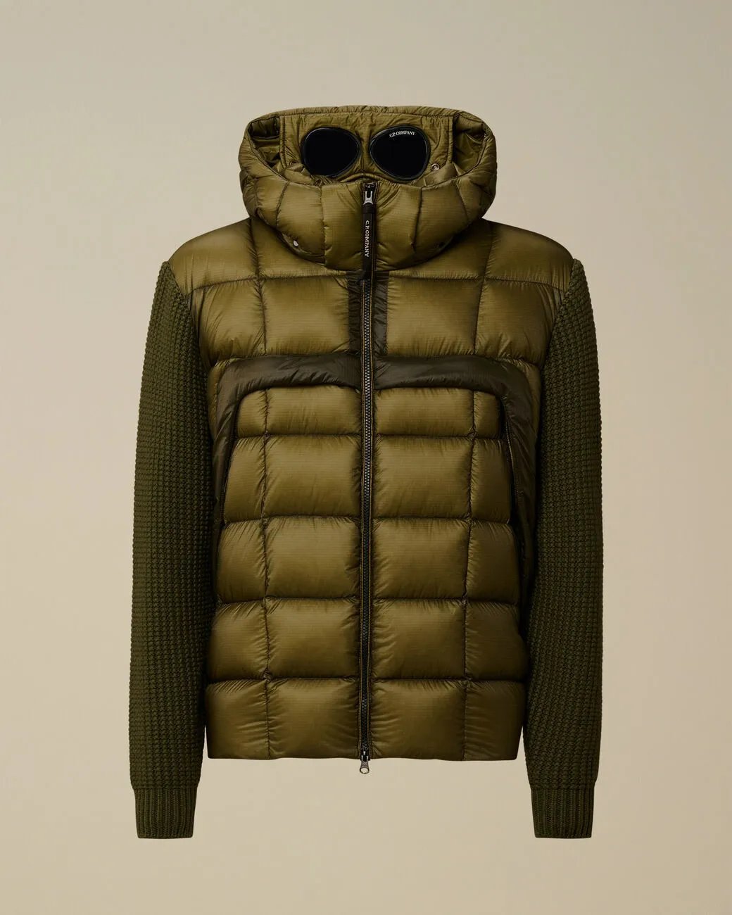 C.P. Company Down Jacket Goggle Hood Knit Sleeve Olive