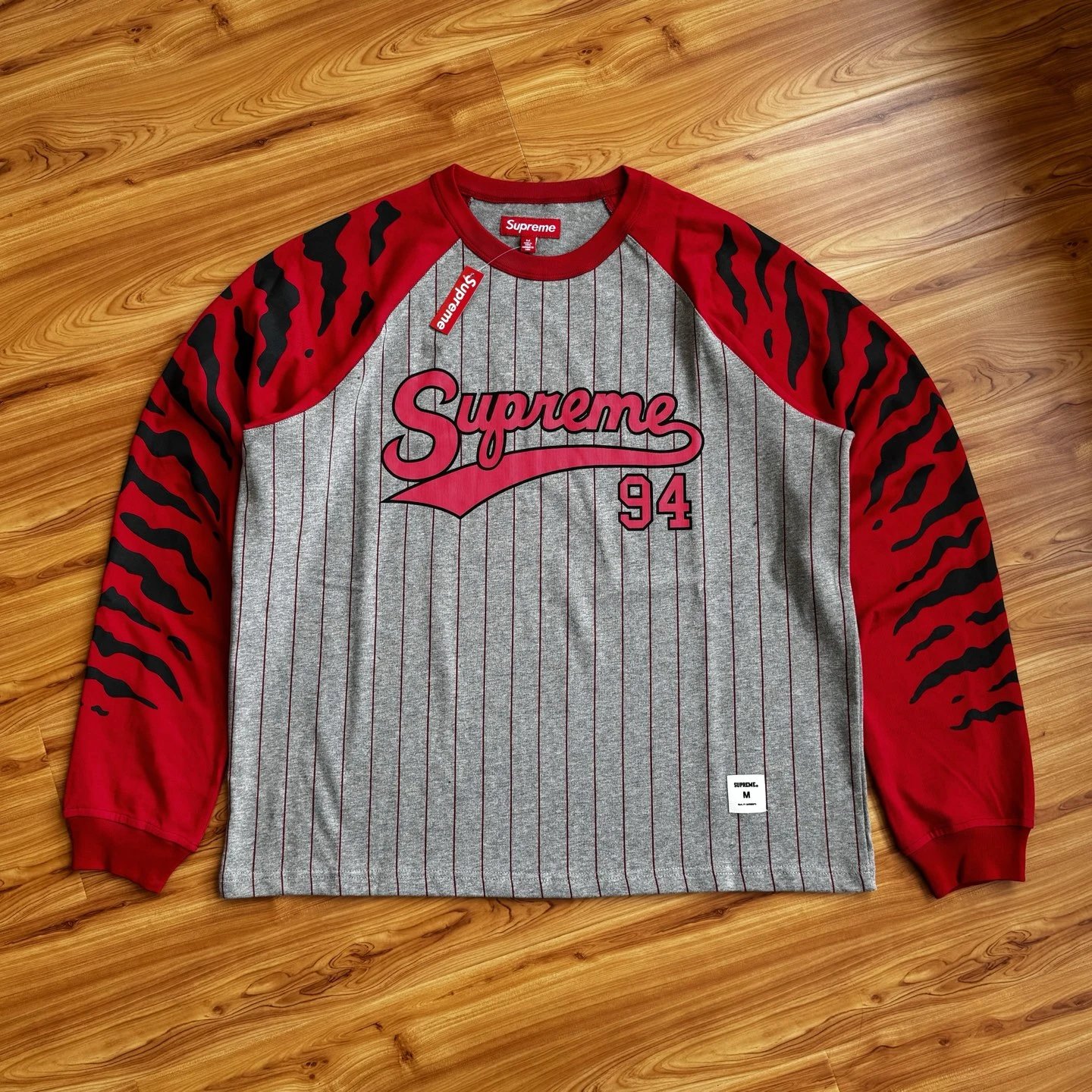 Supreme T-shirt Pinstripe Raglan Tiger Stripe Grey Red