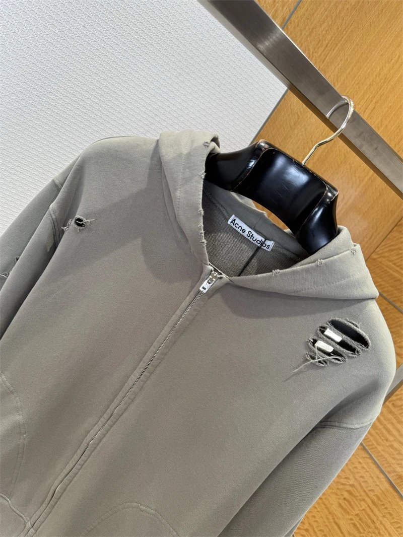 Acne Studios Distressed Zip-Up Hoodie Gray - 3