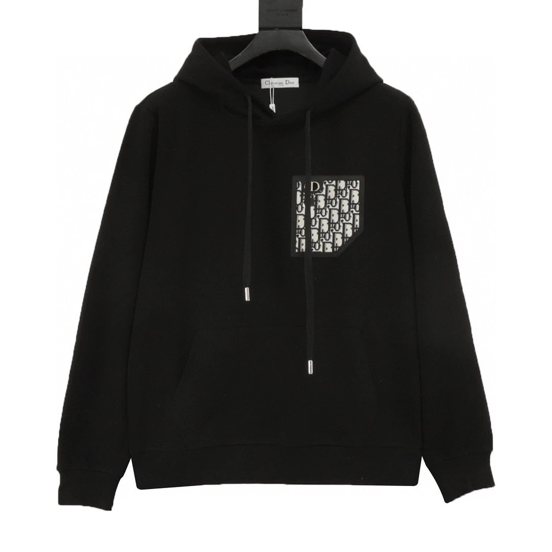 DIOR。Old flower jacquard fake pocket hooded sweatshirt