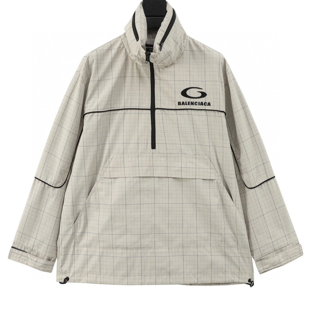 BALENCIAGA.mbroidered stand up collar half zipper plaid jacket jacket