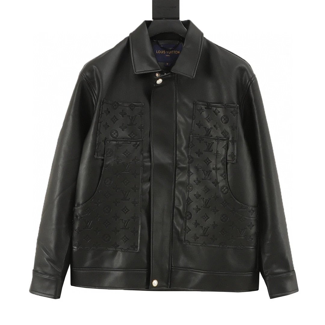 pocket splicing logo embossed leather jacket