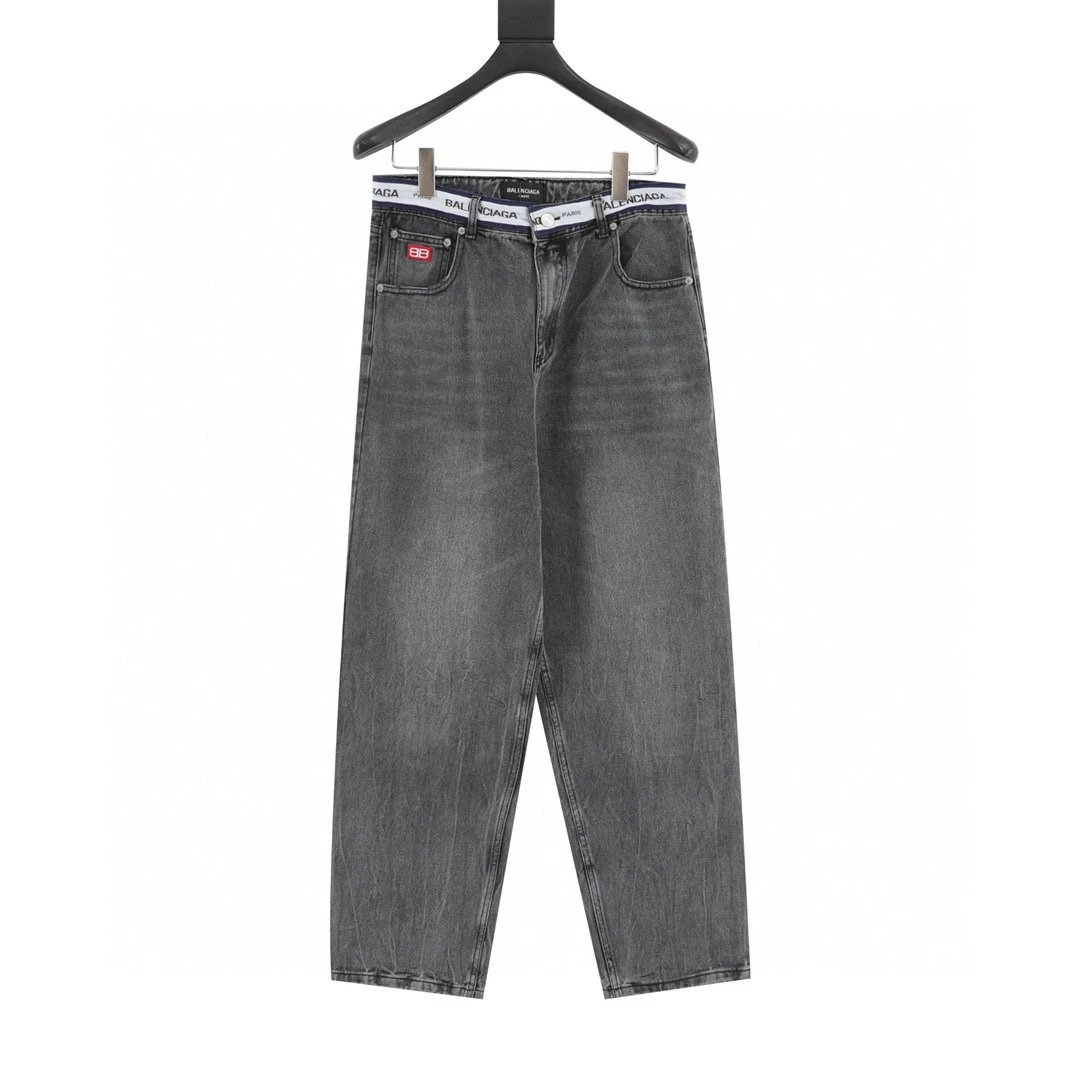 Denim Pants with Letter Weaving Belt at the Waist