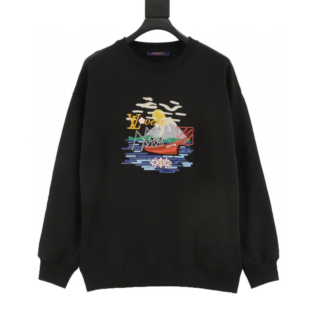 angler landscape embroidered round neck hoodie