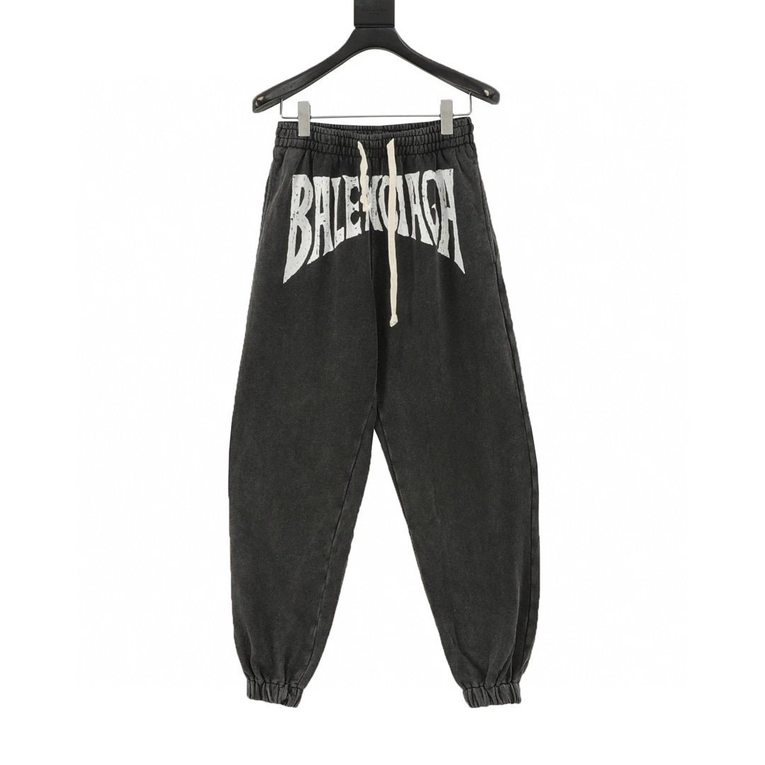 Washed letter printed woven belt pants