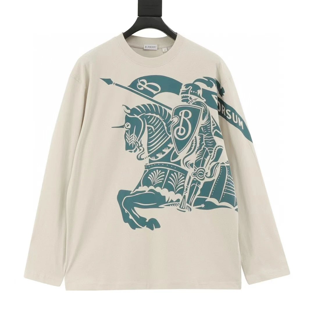 BURBERRY Cotton Top Big War Horse Printed Long Sleeve T-shirt