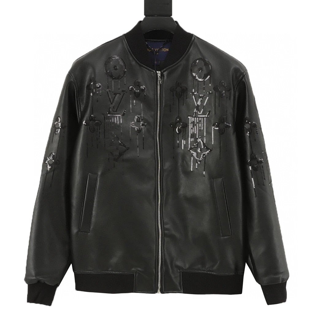 Bead logo embossed leather jacket