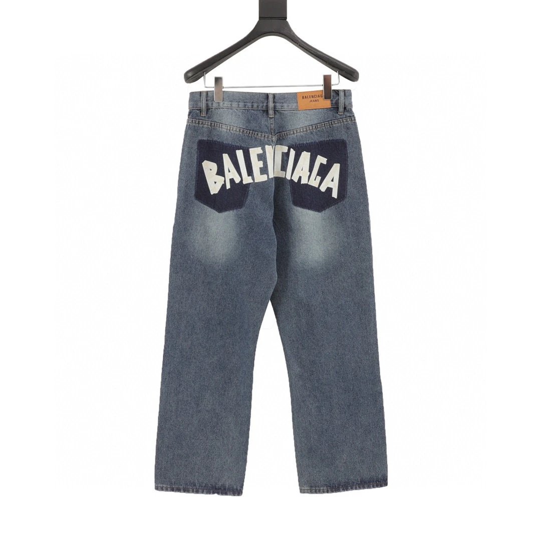 Adhesive tape printed vintage jeans