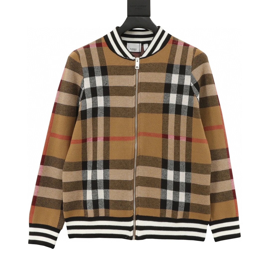 Burberry's new classic striped checkered stand up collar cardigan sweater knitted jacket