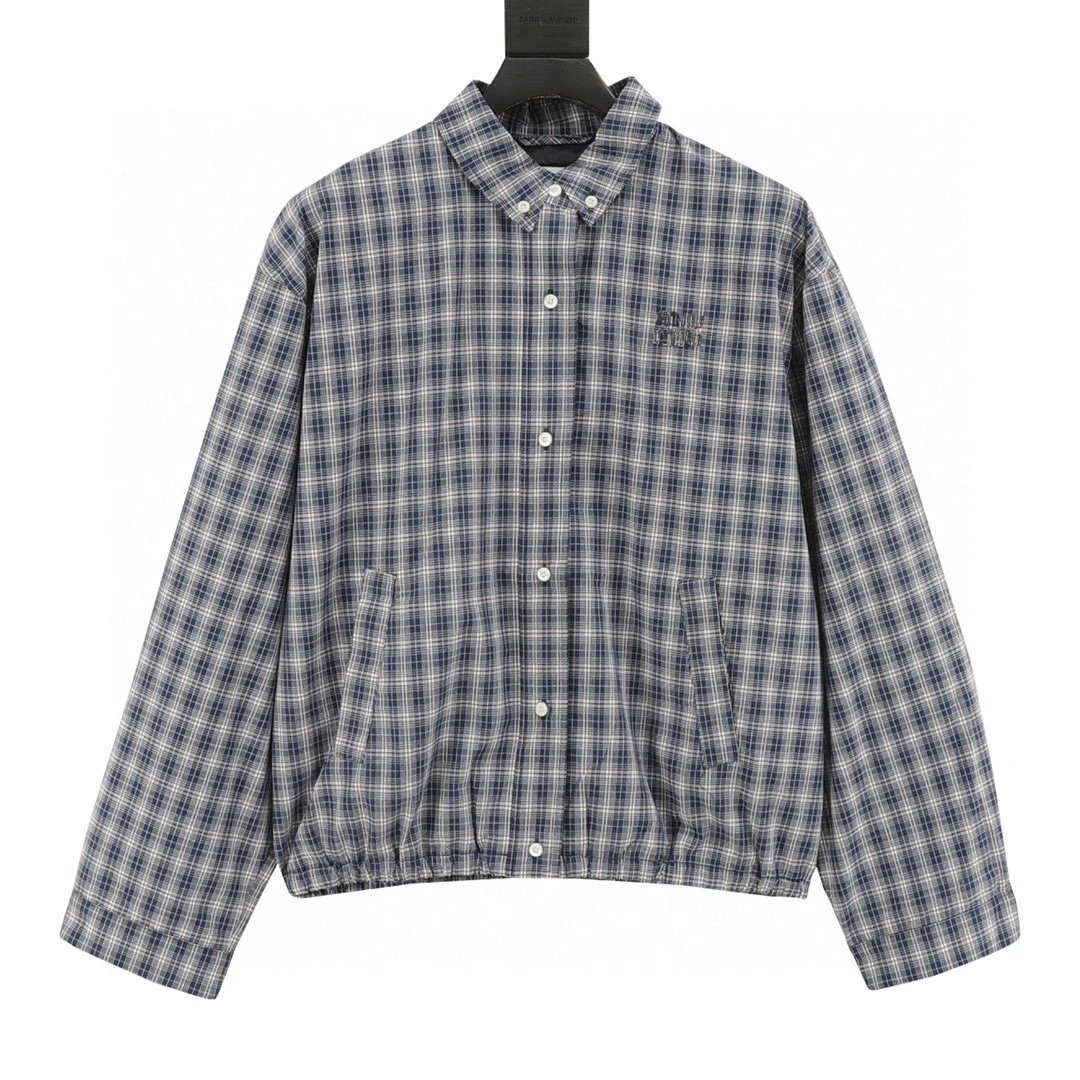 MIU MIU Miu MM Blue Plaid Waist Embroidered Plaid Jacket Coat