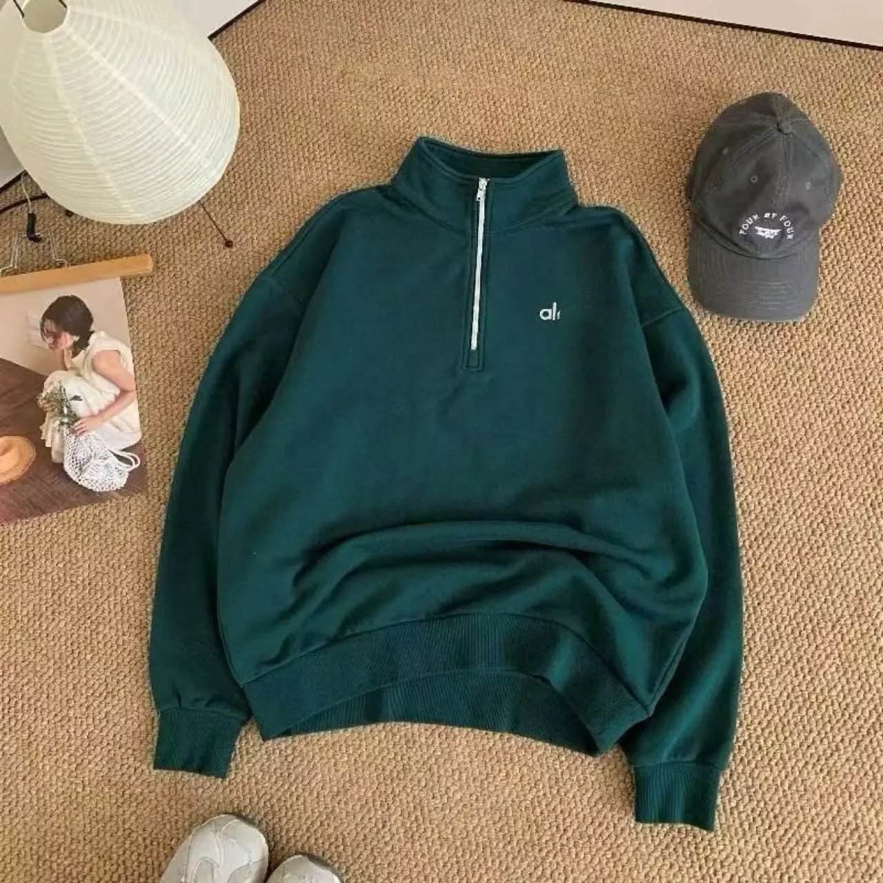 Alo Yoga Hoodies & Sweatshirts Zip-Up Hooded Sweatshirt — Green half-zip top
