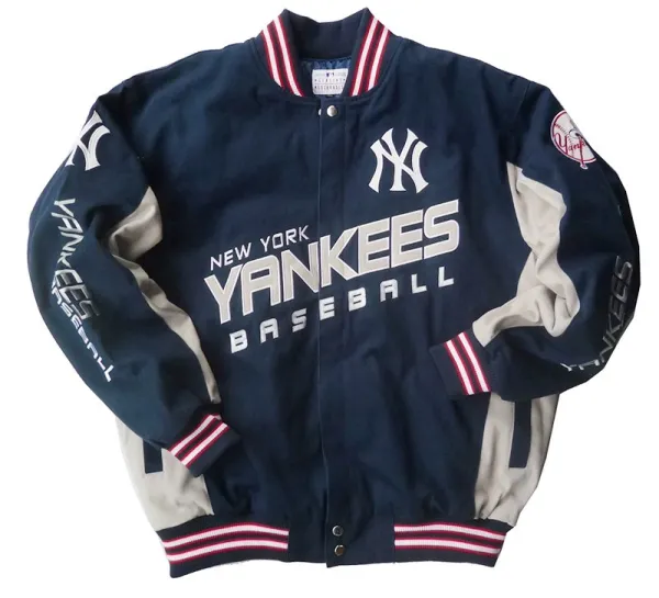 New York Yankees Varsity Jacket Navy with White and Red Trim Outerwear Jacket - 1