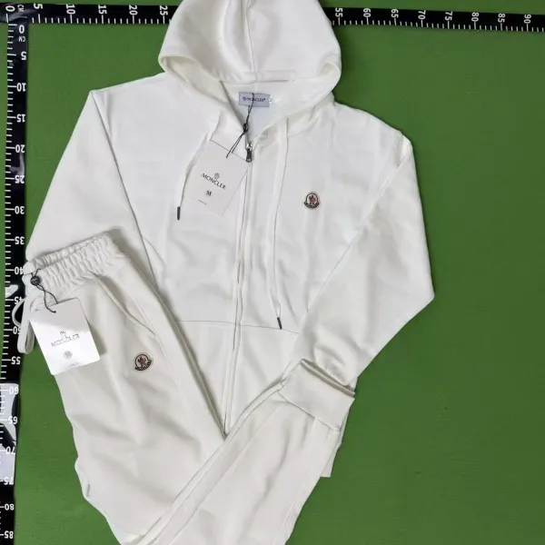 Moncler Logo-Embroidered White Full-Zip Hoodie and Sweatpants Set Tracksuit - 1
