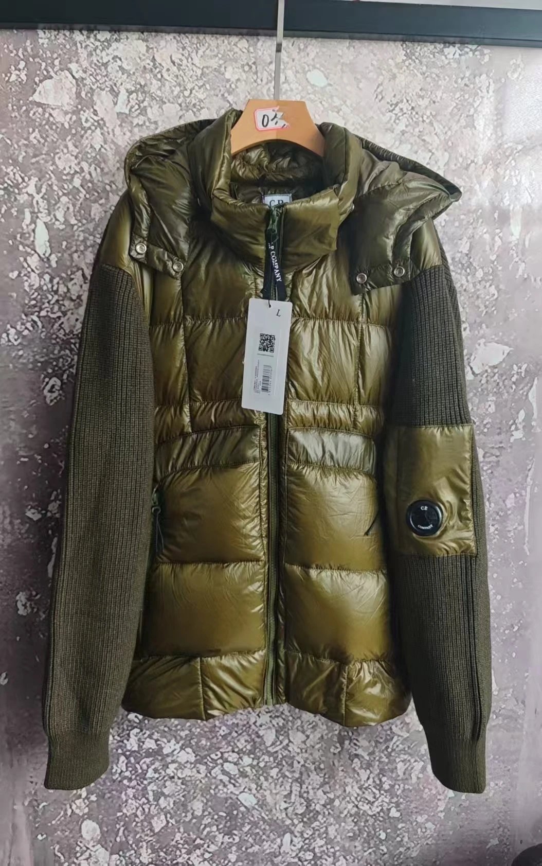 13 # Knitted Spliced Down Jacket (90% White Duck Down) - Olive Green (Pre order takes about 15 days to ship)
