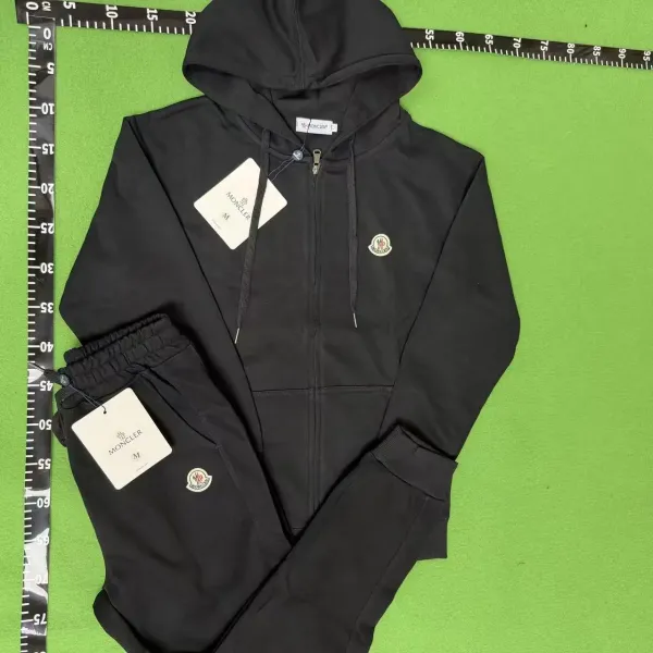 Moncler Logo-Embroidered Black Full-Zip Hoodie and Sweatpants Set Tracksuit - 1