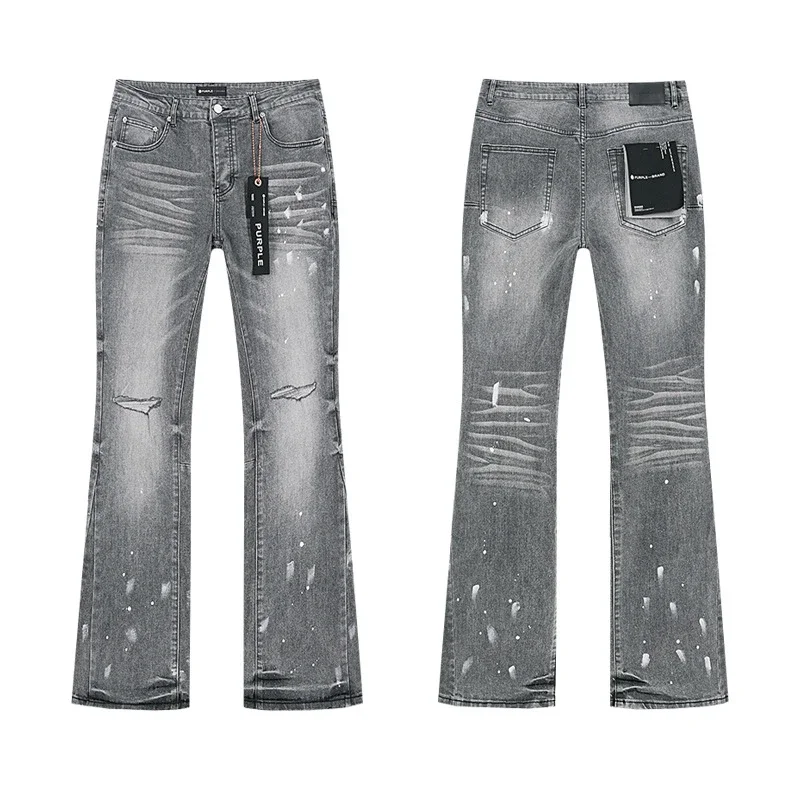 Purple Brand — Washed Grey, Distressed, Paint-Splattered, Flared Jeans