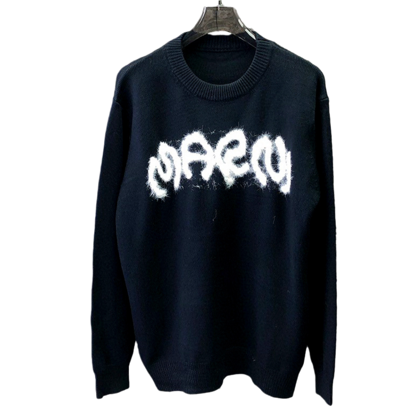 Black Round Neck Knit Sweater with White Graphic