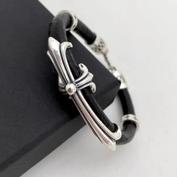 Chrome Hearts Fleur-de-Lis Leather Bracelet Black Silver Jewelry - 1